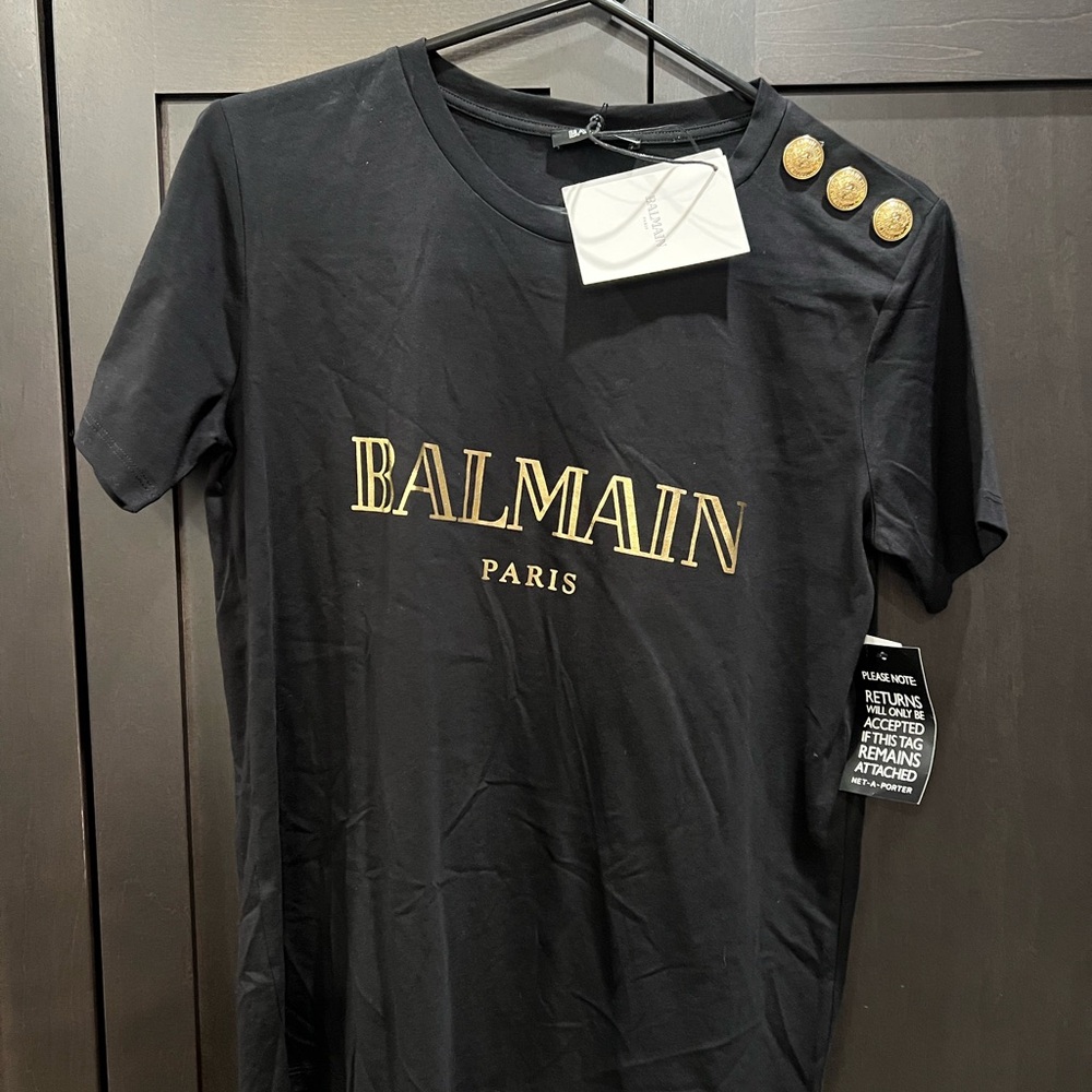 Balmain Paris Black Logo T-Shirt Gold Button Shoulder NWT XS